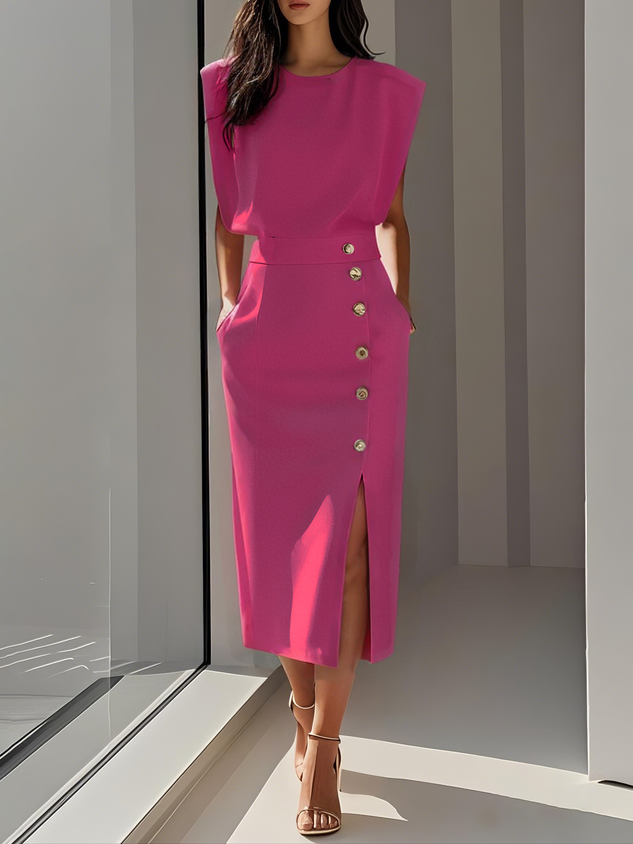 Grianne – Solid Midi Dress with Button Slit