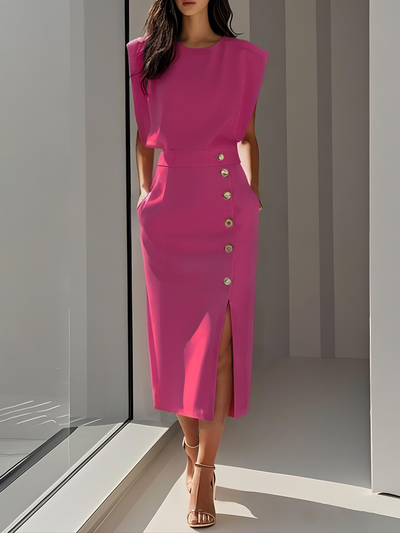 Grianne – Solid Midi Dress with Button Slit