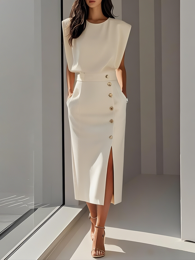 Grianne – Solid Midi Dress with Button Slit