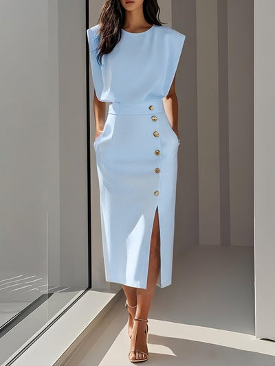 Grianne – Solid Midi Dress with Button Slit