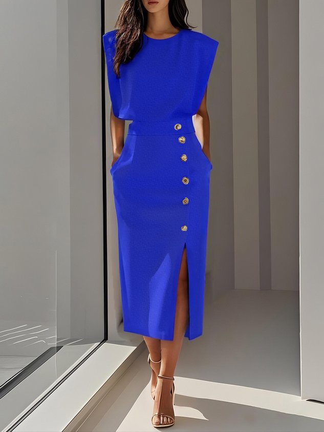 Grianne – Solid Midi Dress with Button Slit