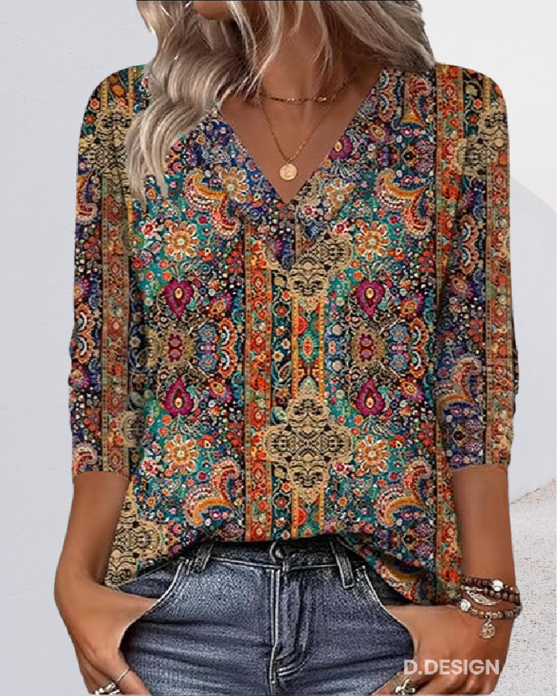 Alison – Retro Printed V-Neck Blouse