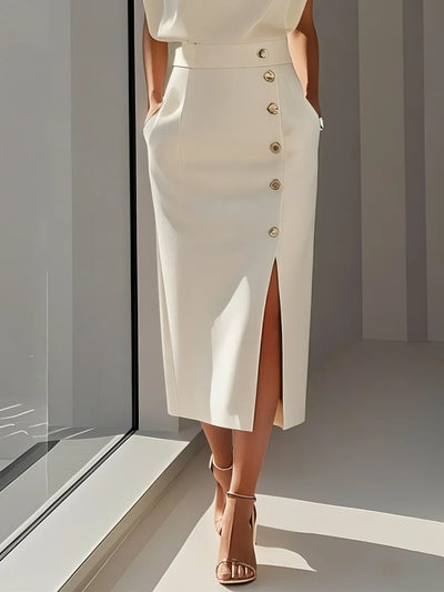 Grianne – Solid Midi Dress with Button Slit